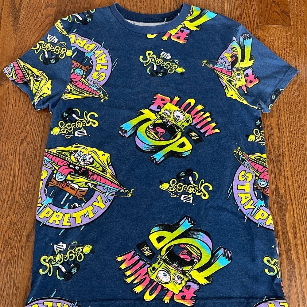 SpongeBob Squarepants 2001 Viacom Blue T-Shirt Size S Stay Pretty Blowin My Top‌